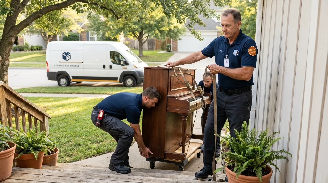 Licensed piano movers securing grand piano in Cold Spring Harbor, NY