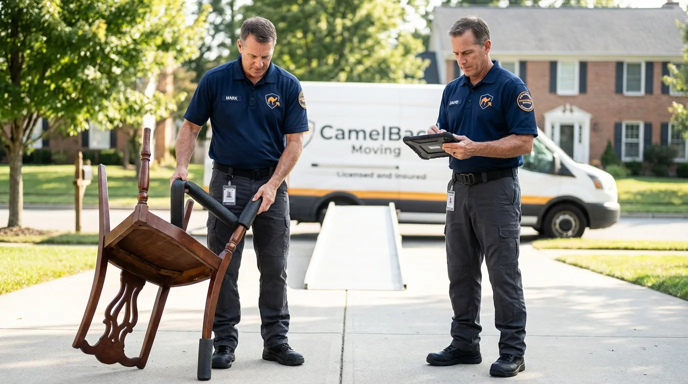 Movers inspecting furniture for damage prevention before loading in Cold Spring Harbor, NY