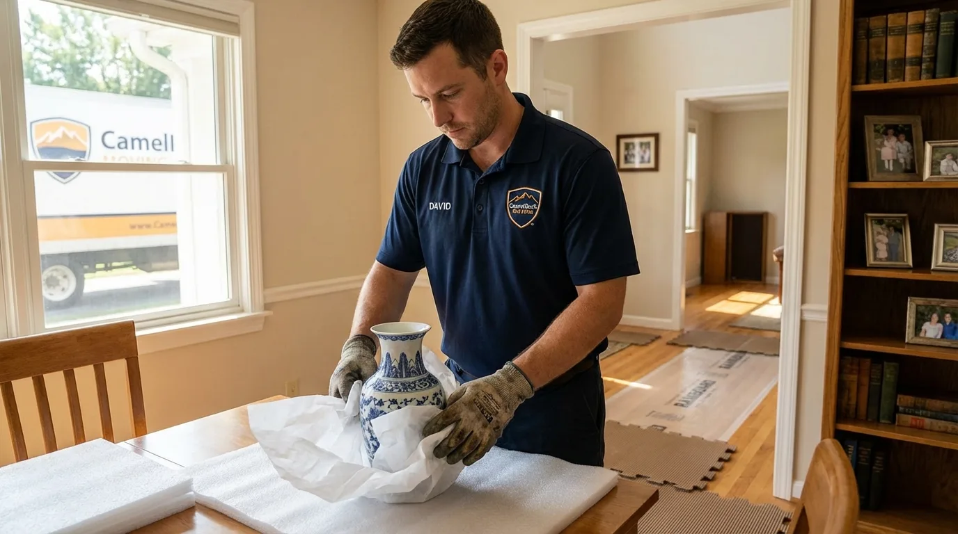 Professional crew carefully wrapping antique vase for senior downsizing move in Cold Spring Harbor, NY